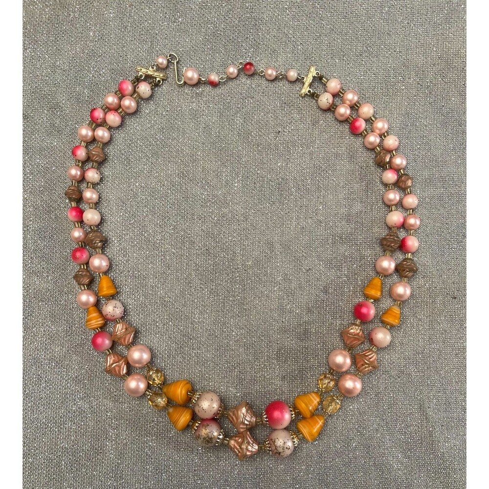 Vintage 60s Seashell Double Strand Necklace 1960s Retro Pink Orange Boho Mod